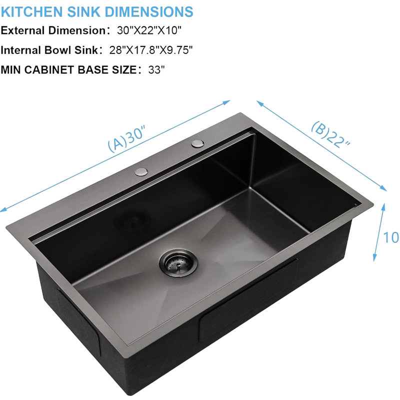 Évier de cuisine noir 30 po x 22 po - Acier inoxydable, acier de calibre 16 noir, Sanitaire