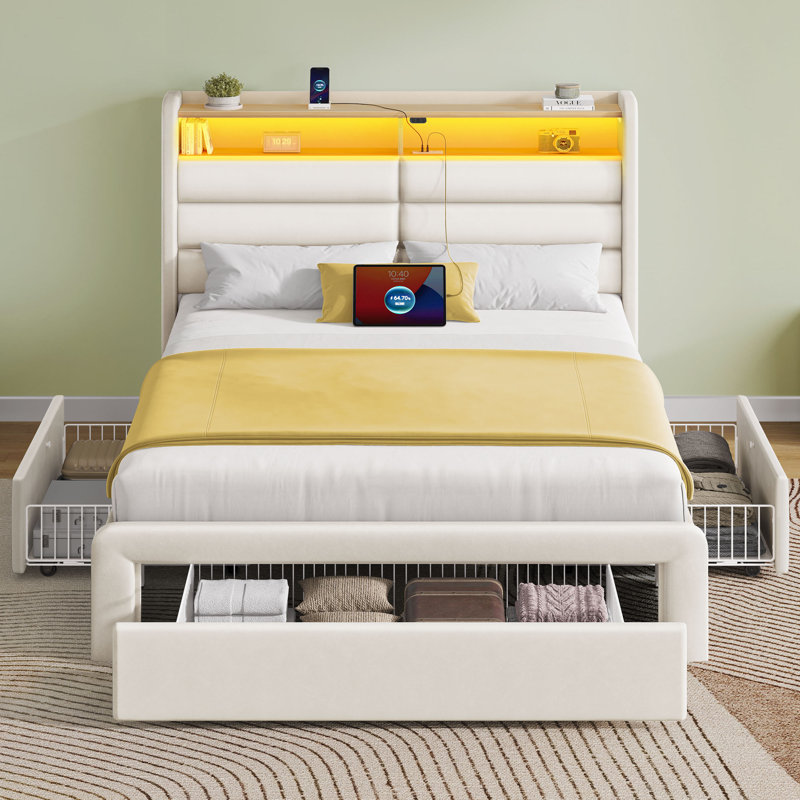 Wenda Bed Frame with 4 Storage Drawers and LED Lights, Upholstered Bed with Headboard and Charging Station, White
