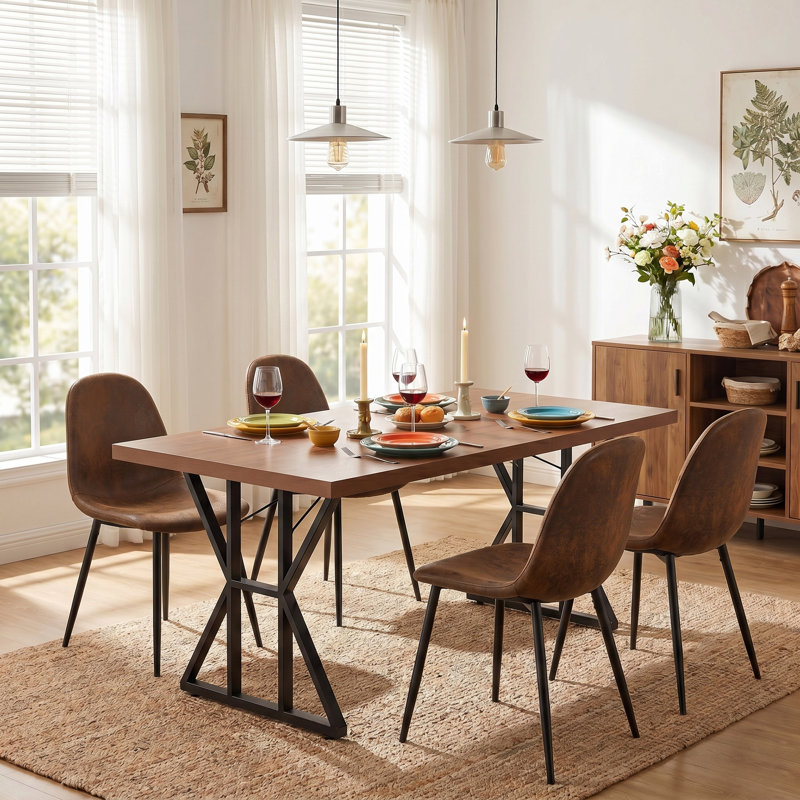 5-Piece Industrial Dining Table Set With Upholstered Dining Chairs, Rectangular Wood-Look Table And Metal Base, Brown