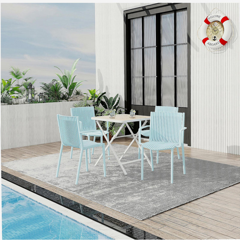 Holiday- 4pcs Light Blue Stackable PP Armchair for Indoor/Outdoor Use-Ergonomic Slatted Back with Modern folding indoor/outdoor multi-functional square table- PP tabletop with metal legs(White, khaki)