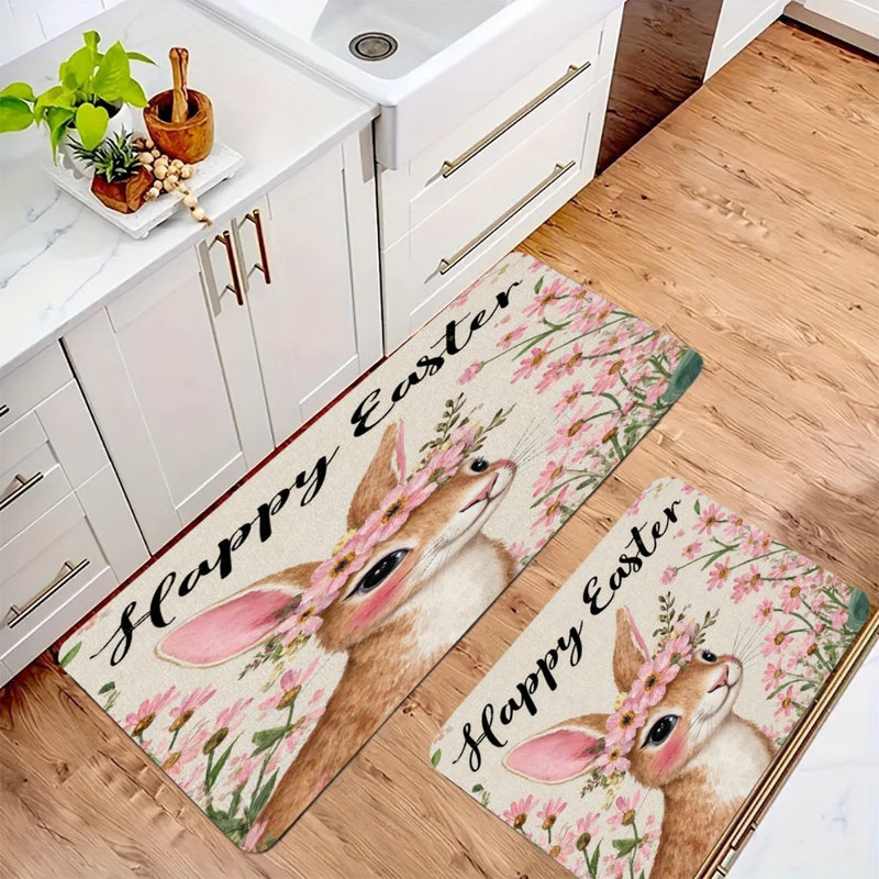 Joyeuses Pâques, ensemble de 2 tapis de cuisine avec tapis de cuisine, Lapin de Pâques avec fleurs beige et brun