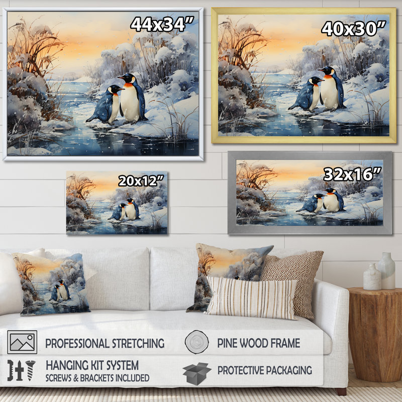 " Penguins Winter Symphony ", White Picture Frame, 34" H x 44" W x 1.5" D