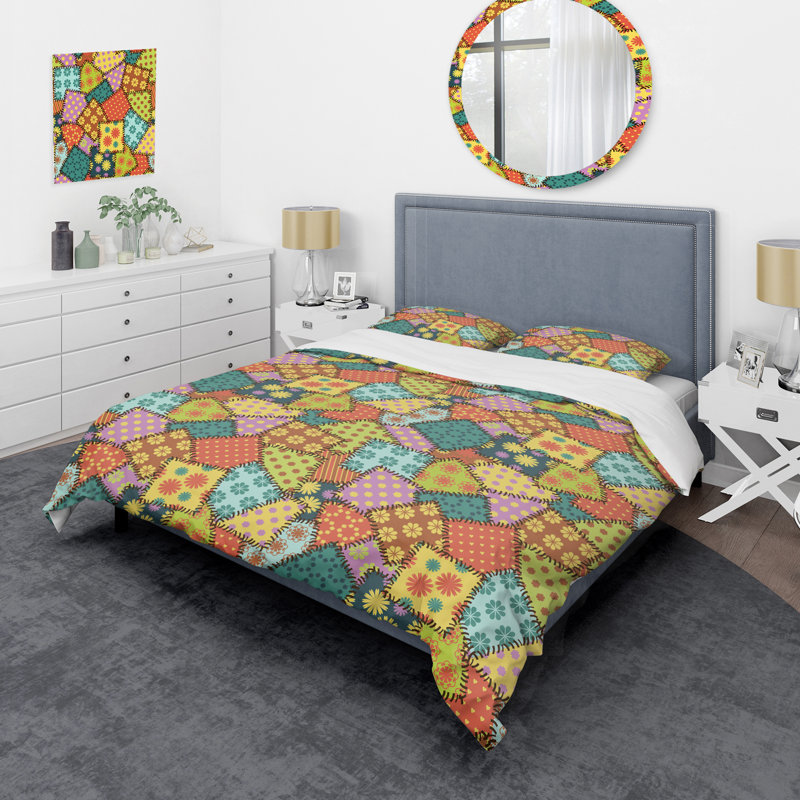 Multicolor Square Patchwork - Abstract Duvet Cover Set - Microfiber Polyester, King Duvet Cover + 2 King Shams