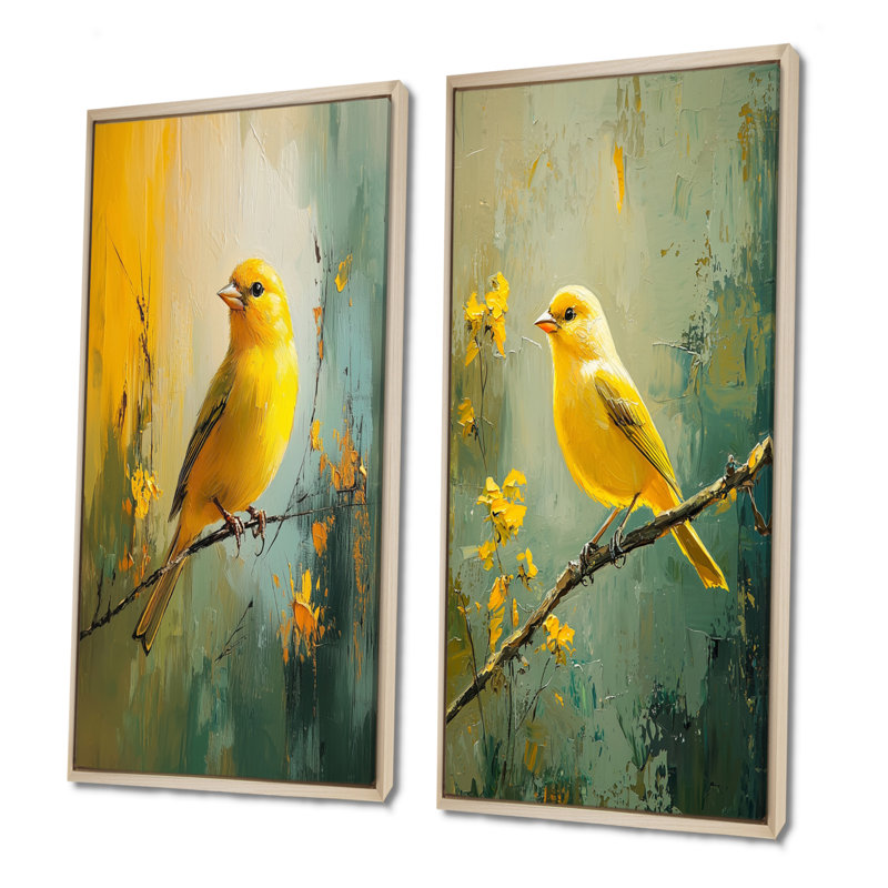 Pinson doré dans la prairie I - animaux, art mural 2 pièces, H 28 po x l 25 po, Cadre crème crème