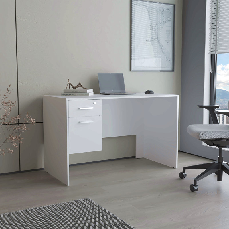 Modern Office Desk With Two Drawers And Side Storage, Compact Computer Workstation For Home Office Or Study Room, White