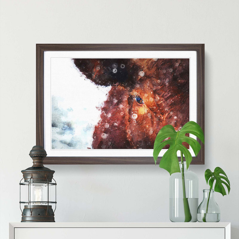 Red Bull Cow - Picture Frame Painting Print, 48cm H x 65cm W x 2cm D, Walnut Framed