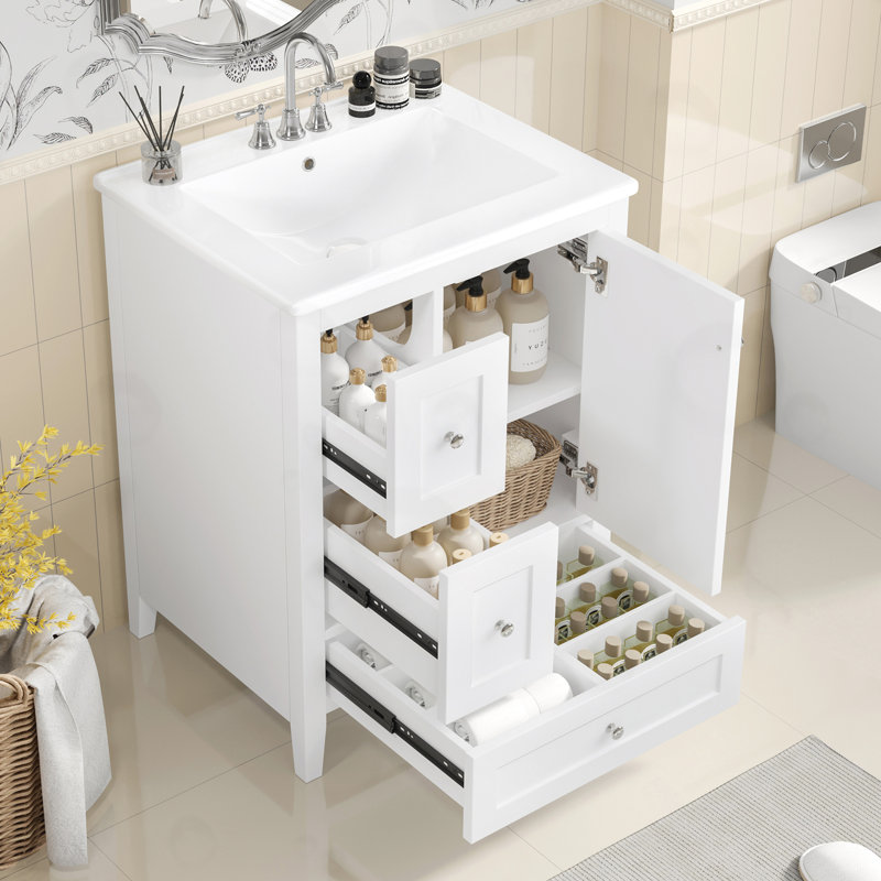 Meuble-lavabo avec tablette réglable et cloisons amovibles, Blanc