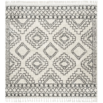 Adry Moroccan Shag Tasseled Cream/Charcoal Area Rug