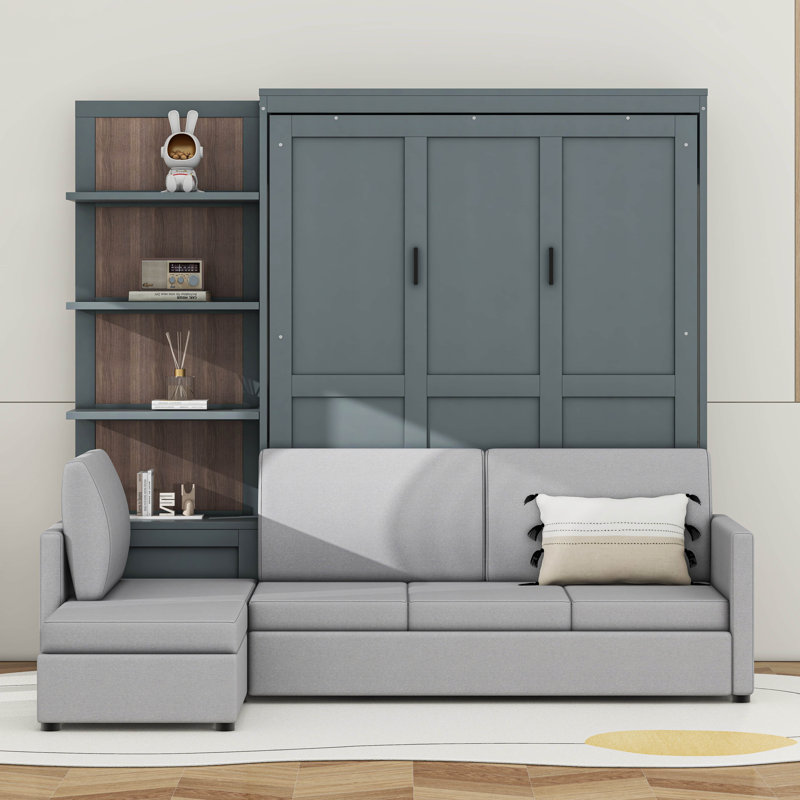 Lit escamotable avec canapé modulaire et tablettes de rangement réversibles, grand, gris