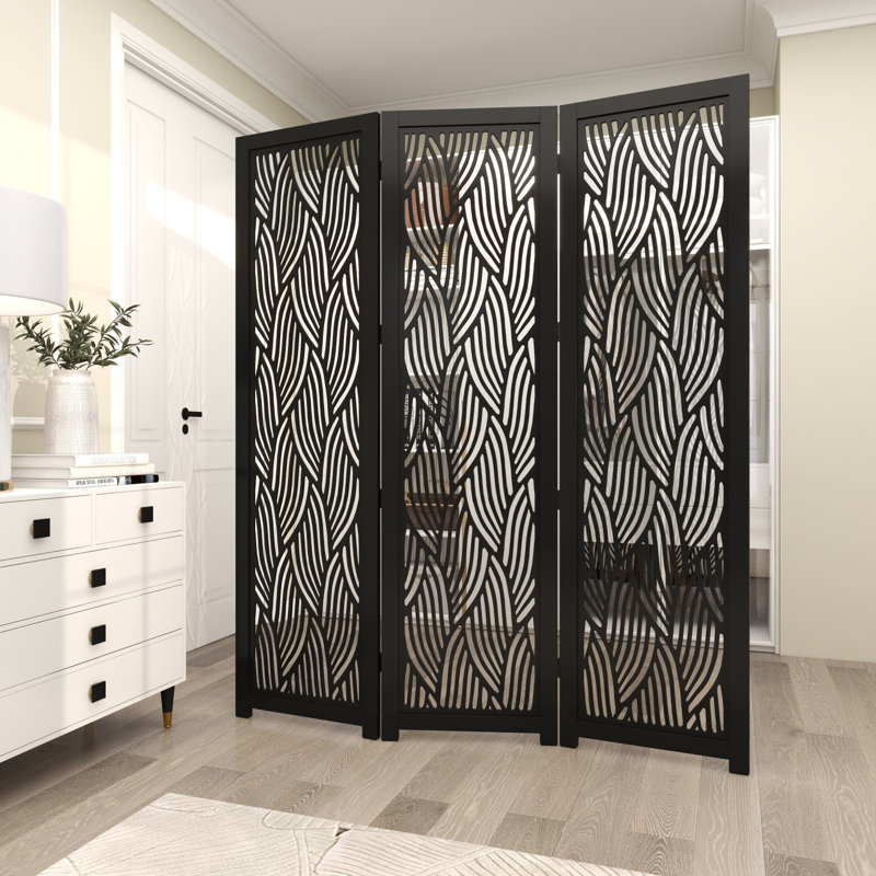 Anuva Black Mango Wood Abstract Wavy Cutout 3 Panel Partition Room Divider Screen, 60" x 1" x 72", Black