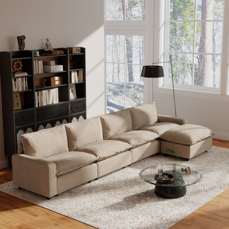 Moncada 5-Piece Upholstered Modular Linen Fabric Sectional With Ottoman, Khaki Linen