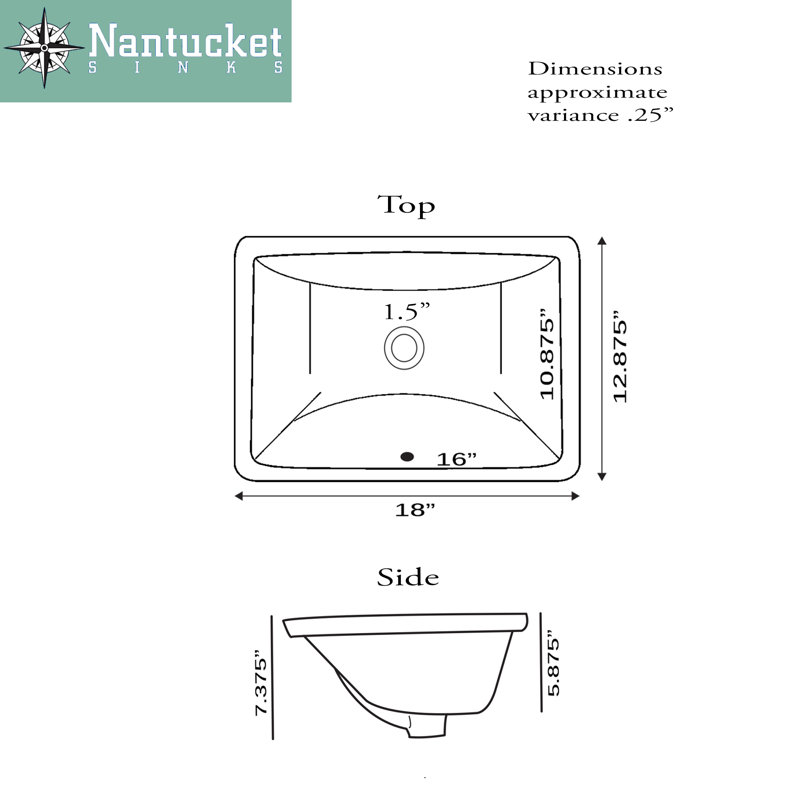 Nantucket Sinks Great Point 12.88 " Ceramic Rectangular Bathroom Sink and Overflow Hole, Bisque