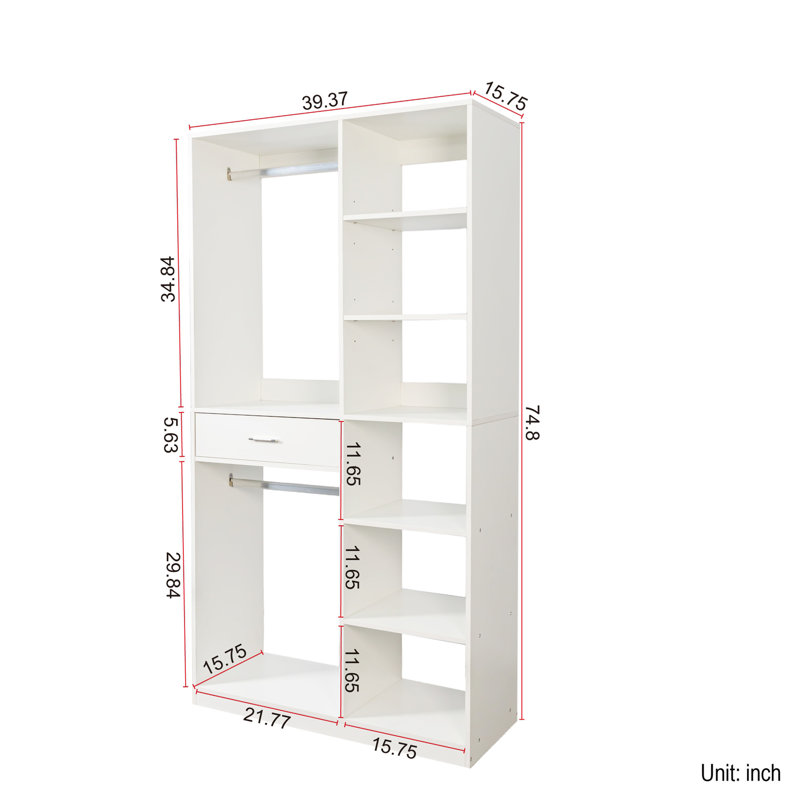 Freestanding Closet System, Stand-Alone Wardrobe With 6 Open Shelves,Closetwith 1 Wood Drawers, Wood Walk-In Closet With 2 Hanging Rod, White