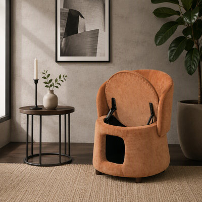 Orange Pet Friendly Chair with Hidden Pet Nook, Convertible Stool, Storage Seat, 220lbs Capacity, Acacia Wood Legs