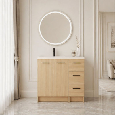 Meuble-lavabo autoportant modulaire 36 po avec comptoir en résine 36 po, chêne clair, 2 pièces (24 po 2 portes + 12 po 3 tiroirs), armoire KD, poignées en aluminium noir et brossé incluses