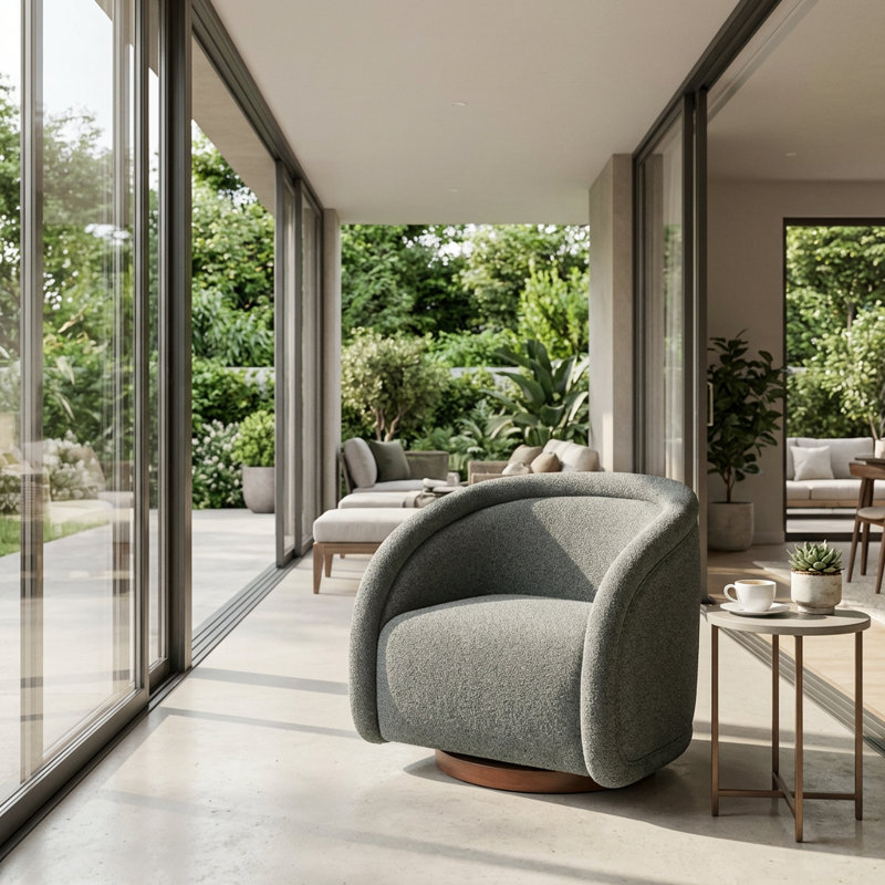 Fauteuil d'appoint pivotant de luxe texturé avec dossier incurvé et base en bois massif
