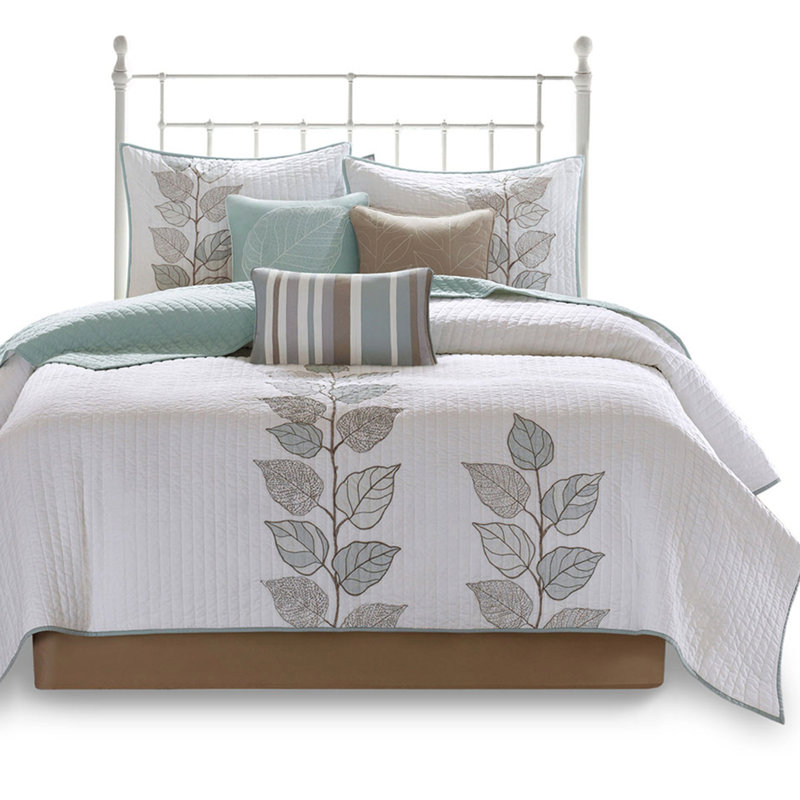 Courtepointe 6 pièces avec coussins brodés, très grand / très grand bleu, style floral en microfibre, brossé réversible, broderie classique feuille