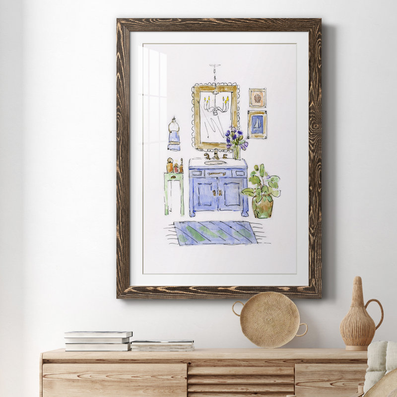 «Sketchy Bath II» - peinture encadrée, H 37,5 po x l 27,5 po x P 1,5 po, Encadré de bois de noyer