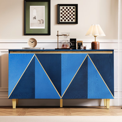 60" Storage Buffet Cabinet With 4 Doors, Dimensional Folding, Adjustable Shelves, Two-Tone Design In Navy Sideboard Vintage Effect, Shelving, Solid Wood Legs And Dark