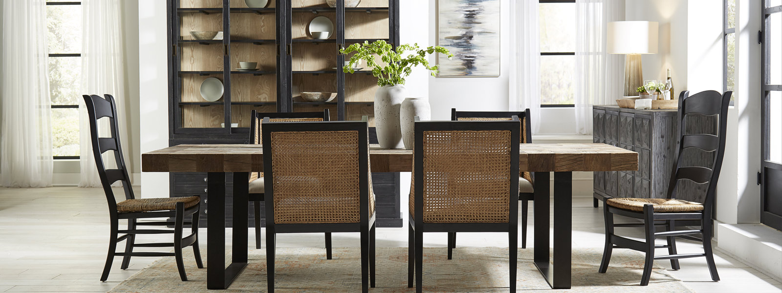 Tan and Black Cane Chairs with Blue Chevron Pillow Top Seat Cushions -  Transitional - Dining Room