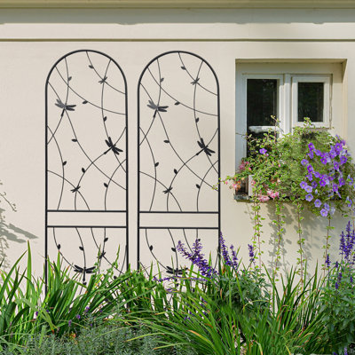 2 Pack Metal Garden Trellis, 86.7" X 19.7" Rustproof Support For Climbing Plants And Outdoor Flowers, Dragonfly Decor, Black