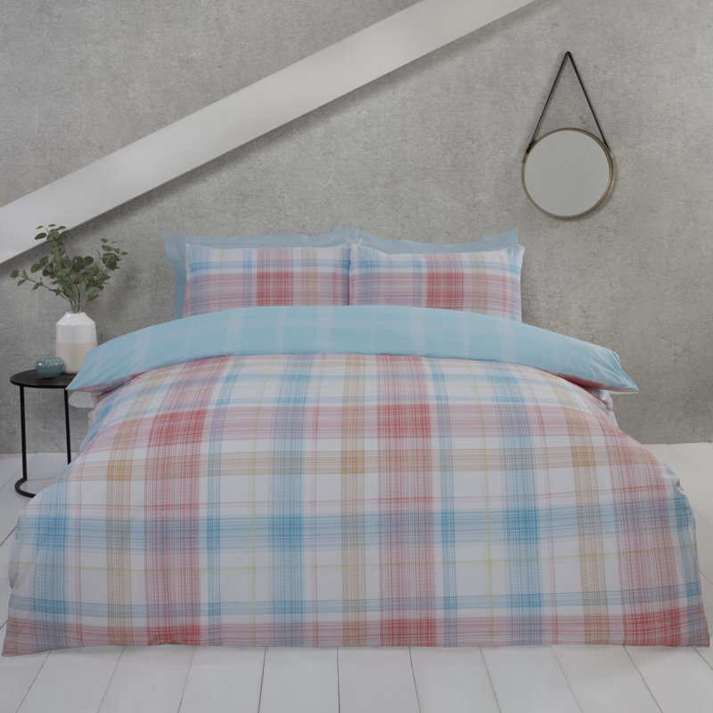 Jasper Cotton Blend Chequered Duvet Cover with Pillowcases Included, King Duvet Cover + 2 Standard Pillowcases, Blue