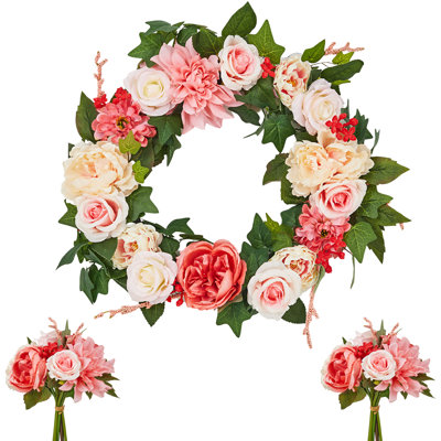 Ensemble de couronne et de bouquets de pivoines en soie, de dahlia et de roses réalistes - base en rotin véritable, décor campagnard printemps été, 2 bouquets assortis inclus - porte d'entrée ou décoration murale, 22 pouces