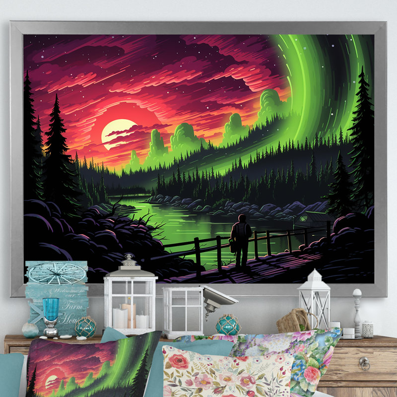 «Canadian Boreal Ballet 1 - Northern Lights», art mural, Cadre de coin argenté fermé, H 12 po x l 20 po x P 1 po