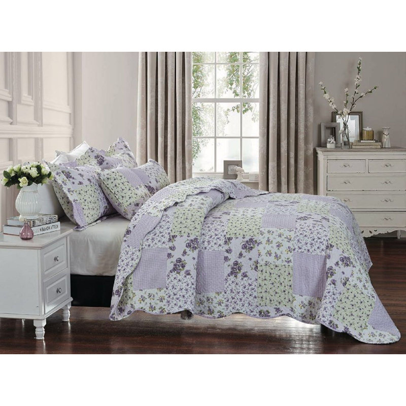 Printed Bedspread Set Dmask Pattern with Matching Pillow Shams, Soft Microfiber Coverlet, Lightweight & All-Season Bedding