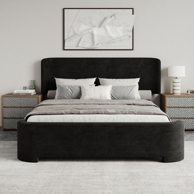 Modern Curved Full Size Velvet Platform Bed Frame with Rounded Headboard, No Box Spring Needed
