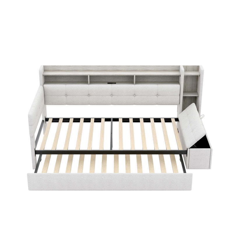 Lit de jour rembourré multifonctionnel avec rangement intégré et éclairage moderne, Beige