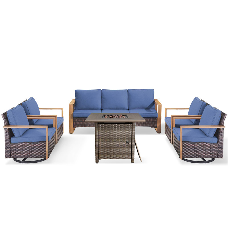 Palomares 6-Piece All Weather Outdoor Wicker Patio Square Fire Pit Conversation Set With 4 Swivel Gliders, Blue, Brown