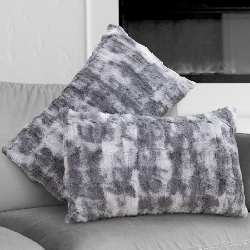 Geometric Faux Fur Throw Pillow, 12" x 20", Marble Gray
