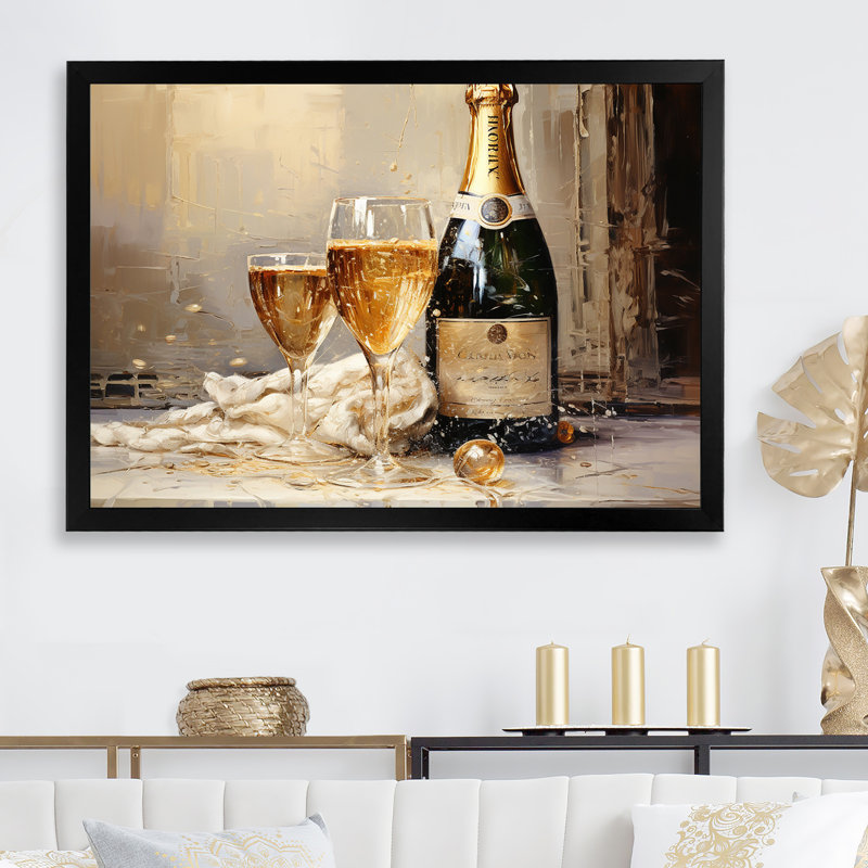 Golden Champagne In Glass II - Wine & Champagne, reproduction d'art sur toile, Cadre simple noir