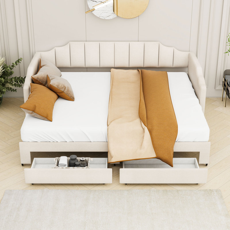 Twin XL Size Extendable Upholstered Daybed with LED Light and Storage Drawers, Beige