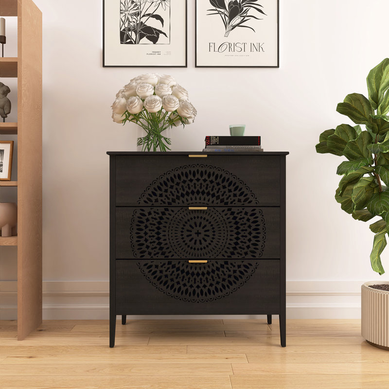 34 In. H Cabinet With 3 Drawers, Gold, Black