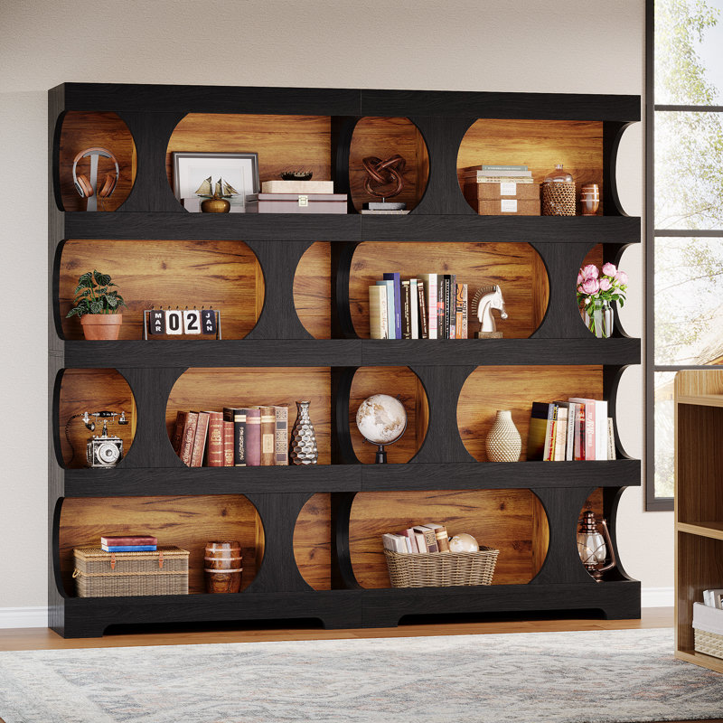 4-Tier Tall Bookcase, 70.9" Wooden Large Bookshelf, Jalal, Black/Brown, 2