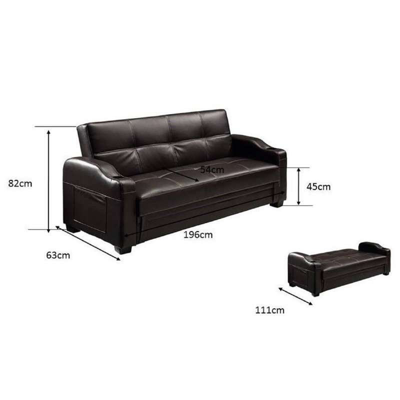 3 Seater Faux Leather Sleeper, Black