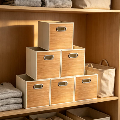 Paniers de rangement en bambou 10,5 x 10,5 po, 6 paniers pliables en osier tissé à la main pour l'organisation, le placard, les tablettes, la maison et le bureau