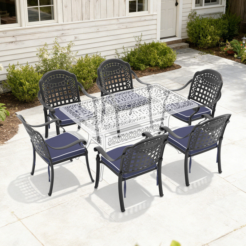 Lot de 6 chaises de salle à manger empilables d'extérieur avec structure en aluminium moulé et coussins bleus, Bleu