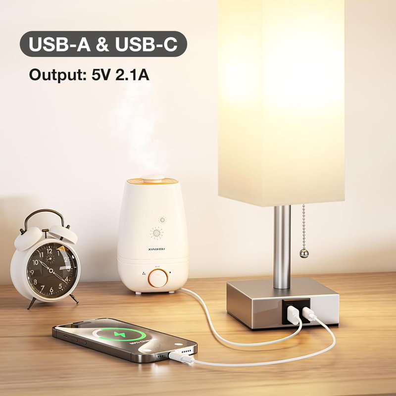 White Small Table Lamp for Bedroom,3 Colour Temperature Pull Chain Control