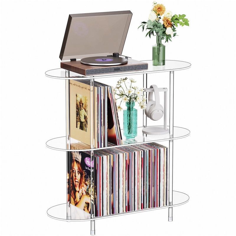 Clear Acrylic Record Player Stand, 3 Tier Oval Side Table, Modern