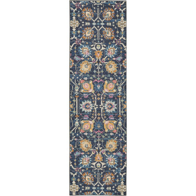 Tapis bleu marine / orange en polypropylène tissé à la machine