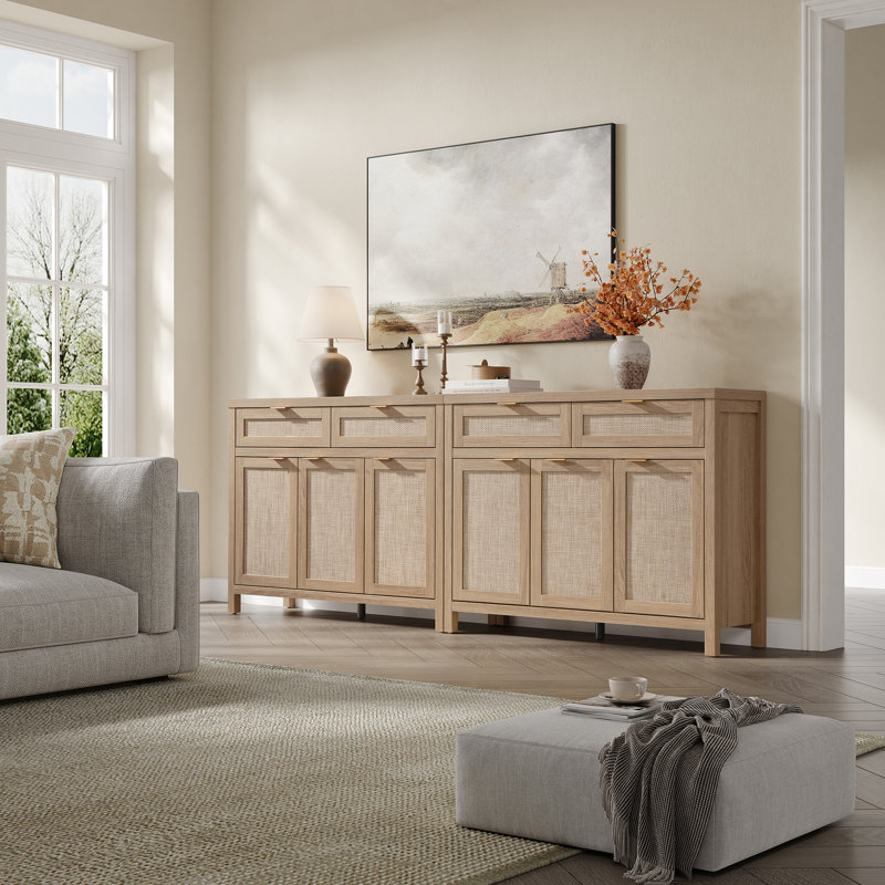 Buffet en rotin à 2 tiroirs et 3 portes l 43,39 po avec tablettes réglables, Chêne clair