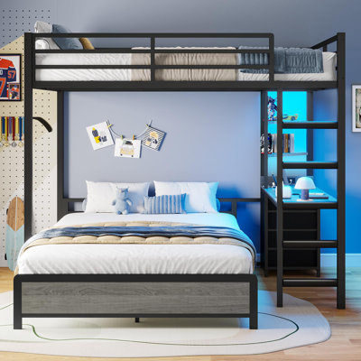 Bunk Bed With Desk, Full Over Full Bunk Beds With Charging Station And Led Lights, 4 Storage Drawers And 2 Open Storage Shelves, Black