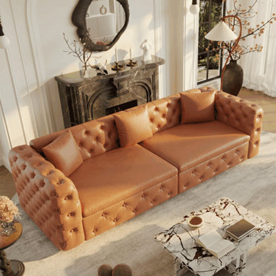 Canapé-lit multifonctionnel extra large de 226 cm (89 pouces), canapé-lit 3 en 1, canapé classique 4 places en similicuir avec capitonnage, comprend 3 coussins décoratifs, convient aux appartements et aux salons.