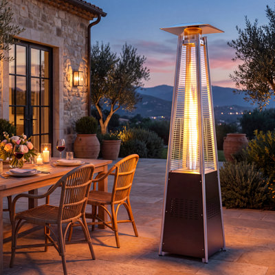 Chauffage de terrasse pyramidal, chauffage extérieur au propane de 48 000 BTU avec flamme en verre à 360°, chauffage sur pied mobile pour terrasse, porche, piscine et fêtes en plein air, noir