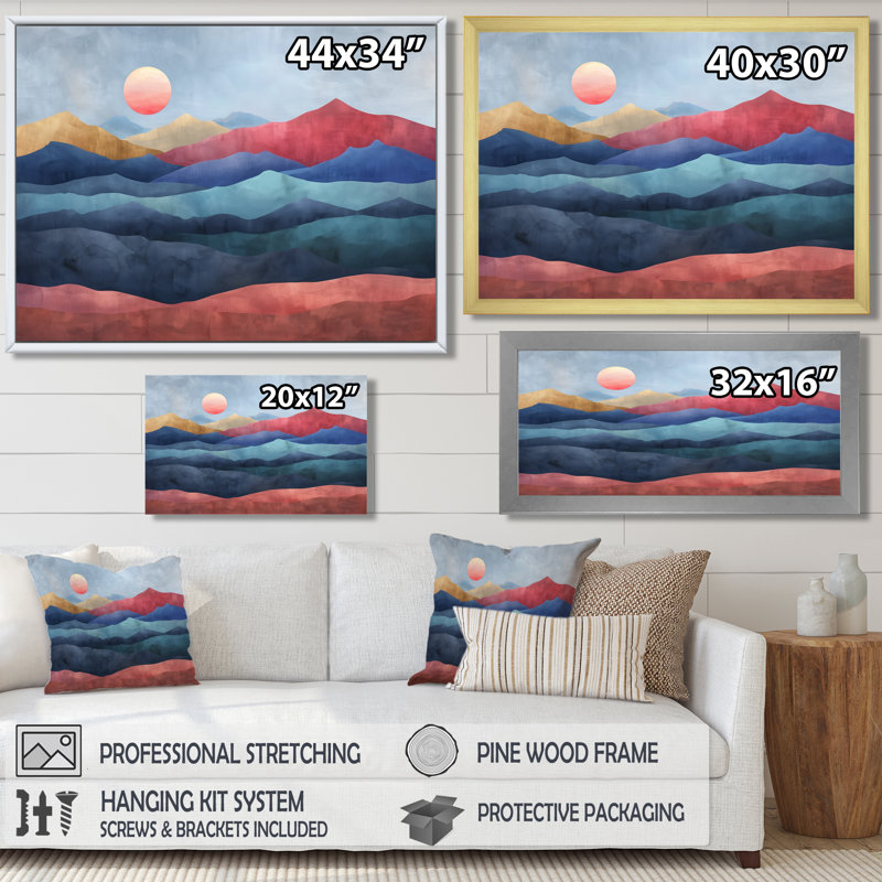 Décoration murale rouge et bleu abstrait coucher de soleil montagne II - paysage montagnes, Toile tendue, H 12 po x l 20 po
