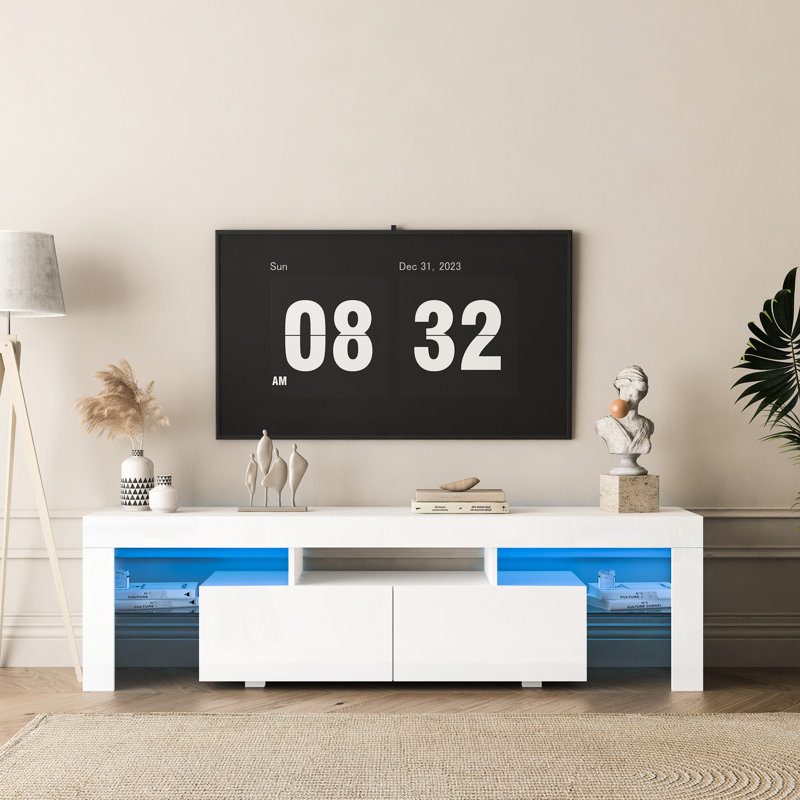 Modern Tv Stand With Led Lighting, White, 60-69 Inch Support, Storage Cabinets For Home Entertainment Lighted Cabinet, 65" Stand, Living Room, 4 Adjustable Brightness,