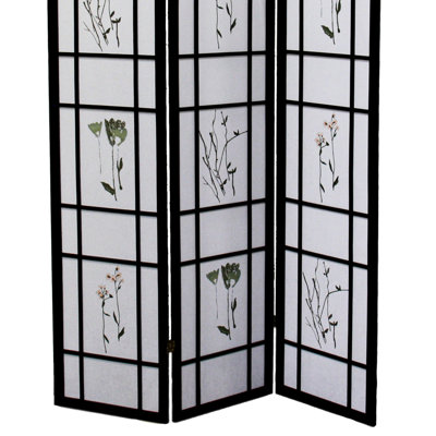 Paravent 70 po 3 po, finition noire, design asiatique, pin massif, panneaux à imprimé floral, cloison haute pliable, noir, ornements, impressions de panneaux,